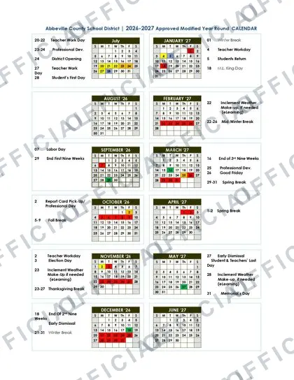 Abbeville County School District 2026-27 calendar