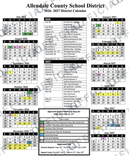 Allendale County School District 2026-27 calendar