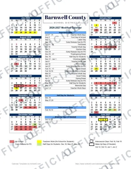 Barnwell County SCHOOL DISTRICT 2026-27 calendar