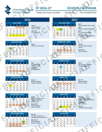 Cherokee County School District 2026-27 calendar