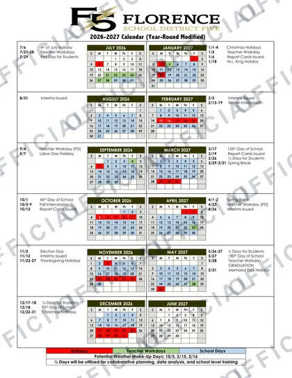 Florence School District Five 2026-27 calendar