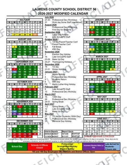 LAURENS COUNTY SCHOOL DISTRICT 2026-27 calendar