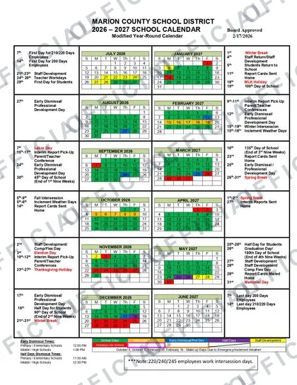 MARION COUNTY SCHOOL DISTRICT 2026-27 calendar