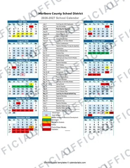 Marlboro County School District 2026-27 calendar