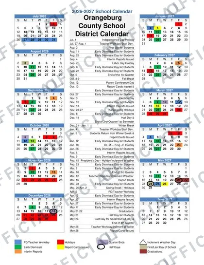 Orangeburg County School District 2026-27 calendar
