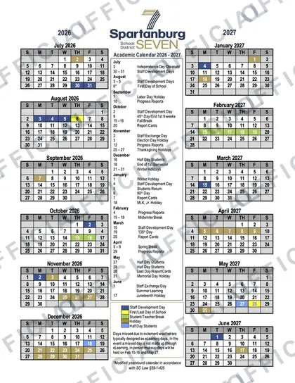 Spartanburg School District Seven 2026-27 calendar