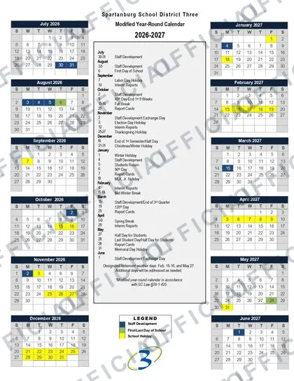 Spartanburg School District Three 2026-27 calendar