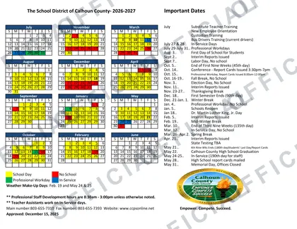 The School District of Calhoun County 2026-27 calendar