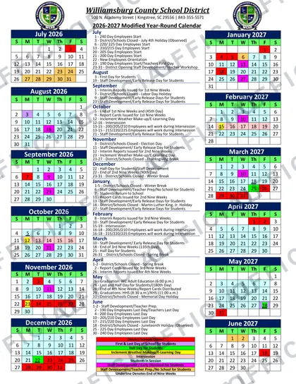 Williamsburg County School District 2026-27 calendar