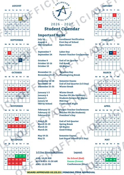 Arlington Community Schools 2026-27 calendar