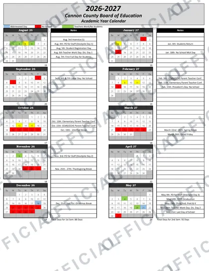 Cannon County Board of Education Rev V1 2026-27 calendar