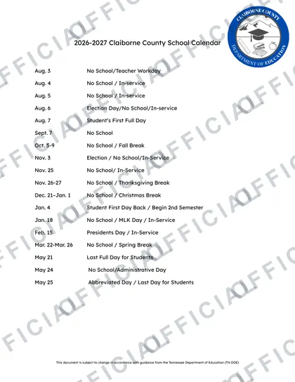 Claiborne County School Rev V1 2026-27 calendar
