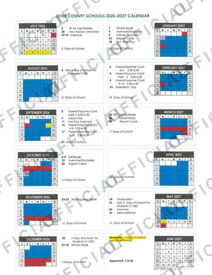 DYER COUNTY SCHOOLS 2026-27 calendar