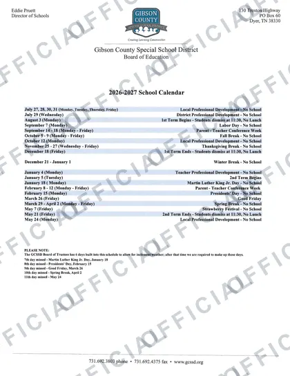Gibson County Special School District Rev V1 2026-27 calendar