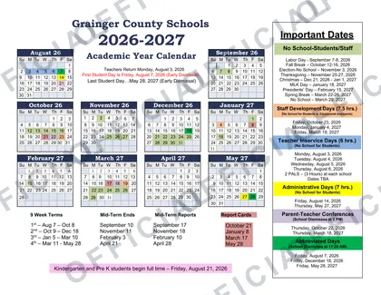 Grainger County Schools Rev V1 2026-27 calendar