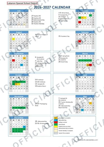 Lebanon Special School District 2026-27 calendar