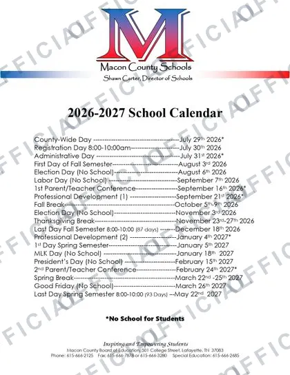 Macon County Schools 2026-27 calendar