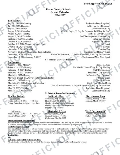 Roane County Schools 2026-27 calendar
