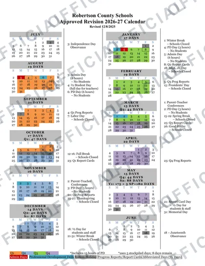 Robertson County Schools 2026-27 calendar