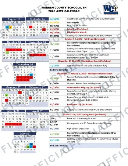 Warren County Schools 2026-27 calendar