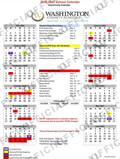 Washington County 2026-27 calendar