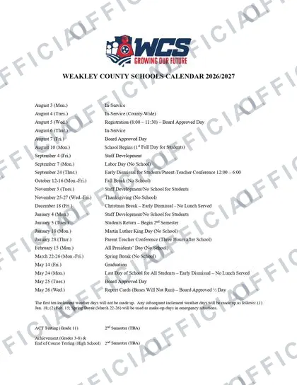 Weakley County Schools 2026-27 calendar