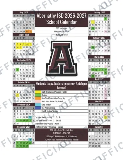 Abernathy ISD 2026-27 calendar