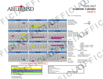 Abilene Independent School District ISD 2026-27 calendar