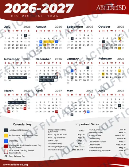 Abilene ISD 2026-27 calendar