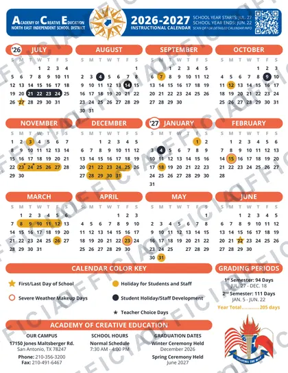 Academy of Creative Education 2026-27 calendar