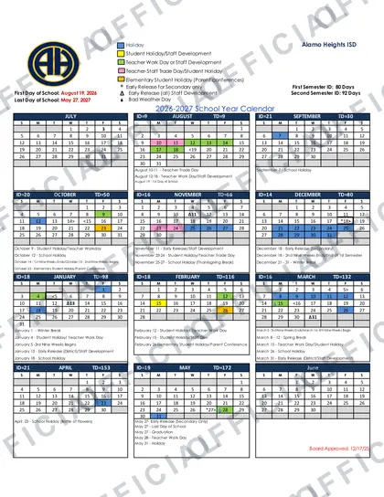 Alamo Heights ISD 2026-27 calendar