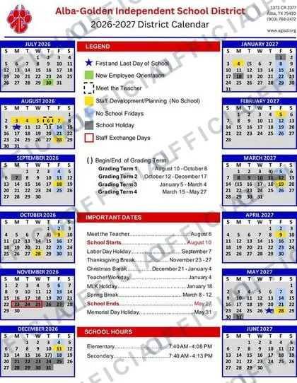 Alba-Golden Independent School District 2026-27 calendar