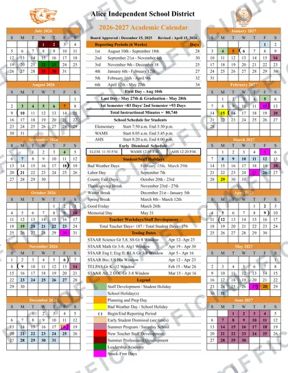 Alice Independent School District 2026-27 calendar