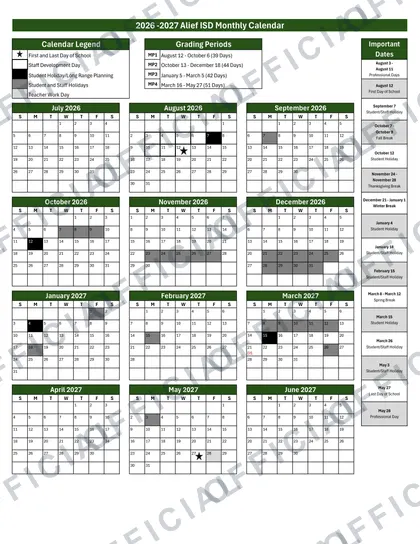Alief ISD 2026-27 calendar