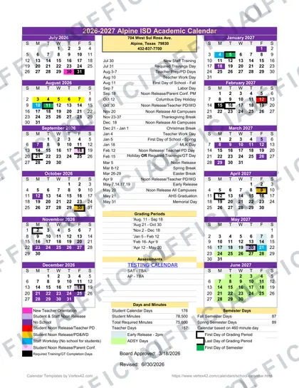 Alpine ISD 2026-27 calendar