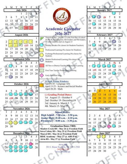 Alvin ISD 2026-27 calendar