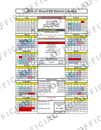 Alvord ISD 2026-27 calendar