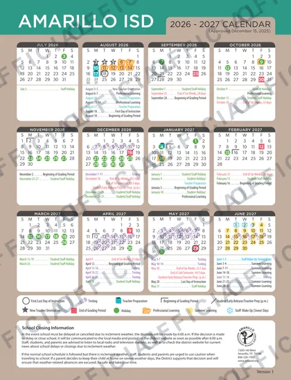 Amarillo ISD 2026-27 calendar