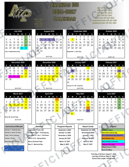 Anahuac ISD 2026-27 calendar