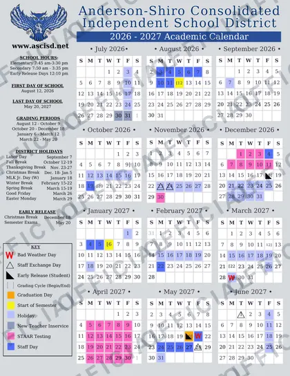Anderson-Shiro Consolidated Independent School District 2026-27 calendar