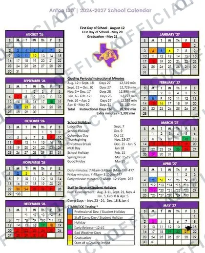 Anton ISD 2026-27 calendar