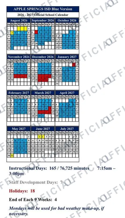 APPLE SPRINGS ISD Blue Version 2026-27 calendar