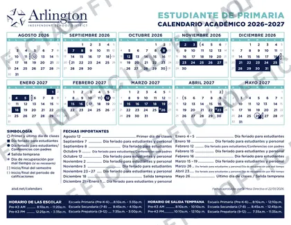 Arlington ISD Independent School District 2026-27 calendar
