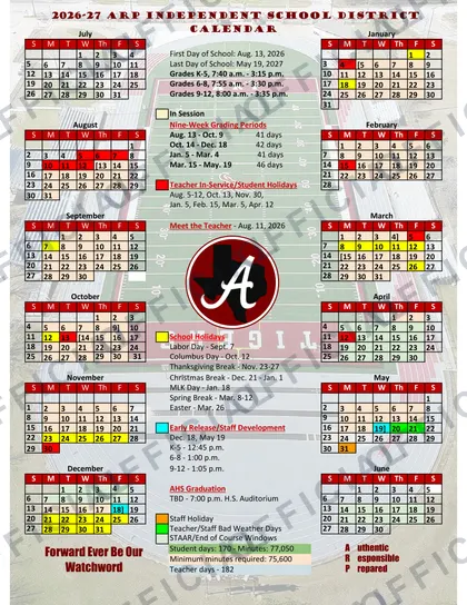 Arp Independent School District 2026-27 calendar