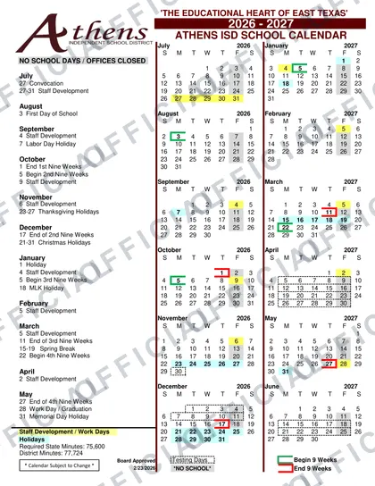 Athens ISD 2026-27 calendar