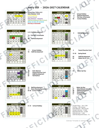 Avery ISD 2026-27 calendar