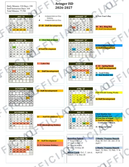 Avinger ISD 2026-27 calendar