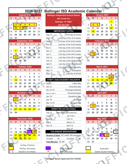 Ballinger ISD 2026-27 calendar