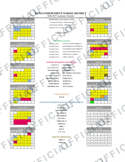 BANGS INDEPENDENT SCHOOL DISTRICT 2026-27 calendar