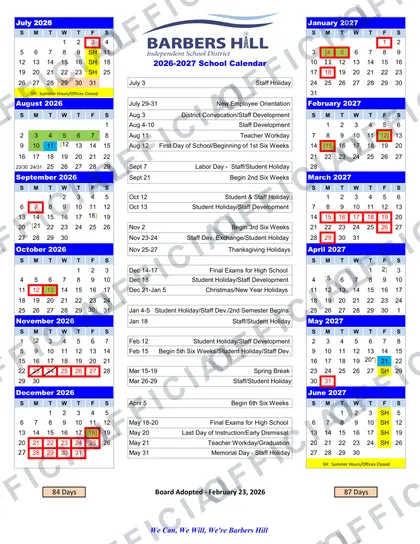 Barbers Hill Independent School District 2026-27 calendar